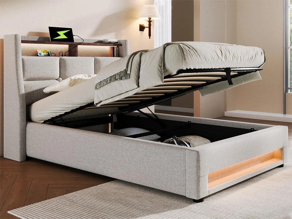 Łóżko z lnu 90x200cm z LED i portami USB - stelaż na listwach - beżowe