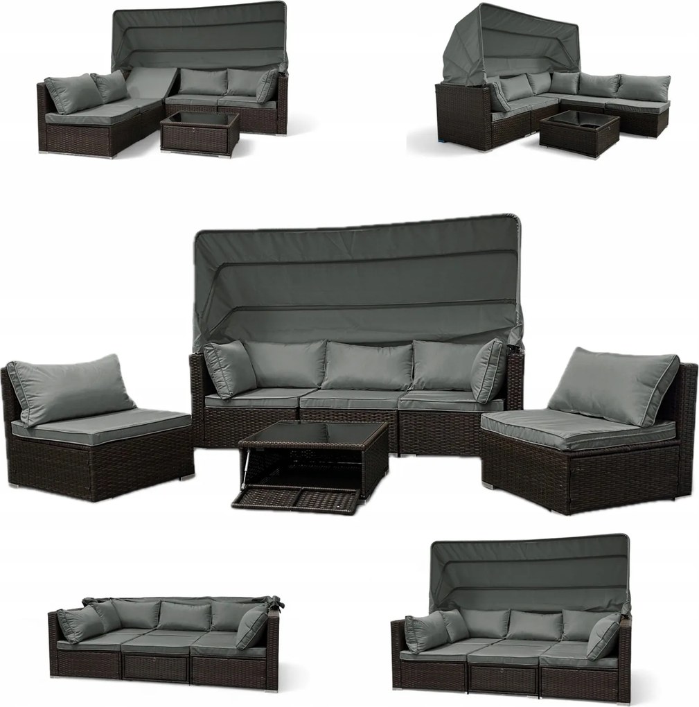 Wielofunkcyjny zestaw mebli ogrodowych - narożnik, leżanka z daszkiem Galicja 101 brąz, poduszki szare