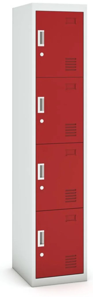 Szafka skrytkowa, 4 schowki, 1800 x 380 x 450 mm, demontaż, zamek cylindryczny, drzwi czerwone