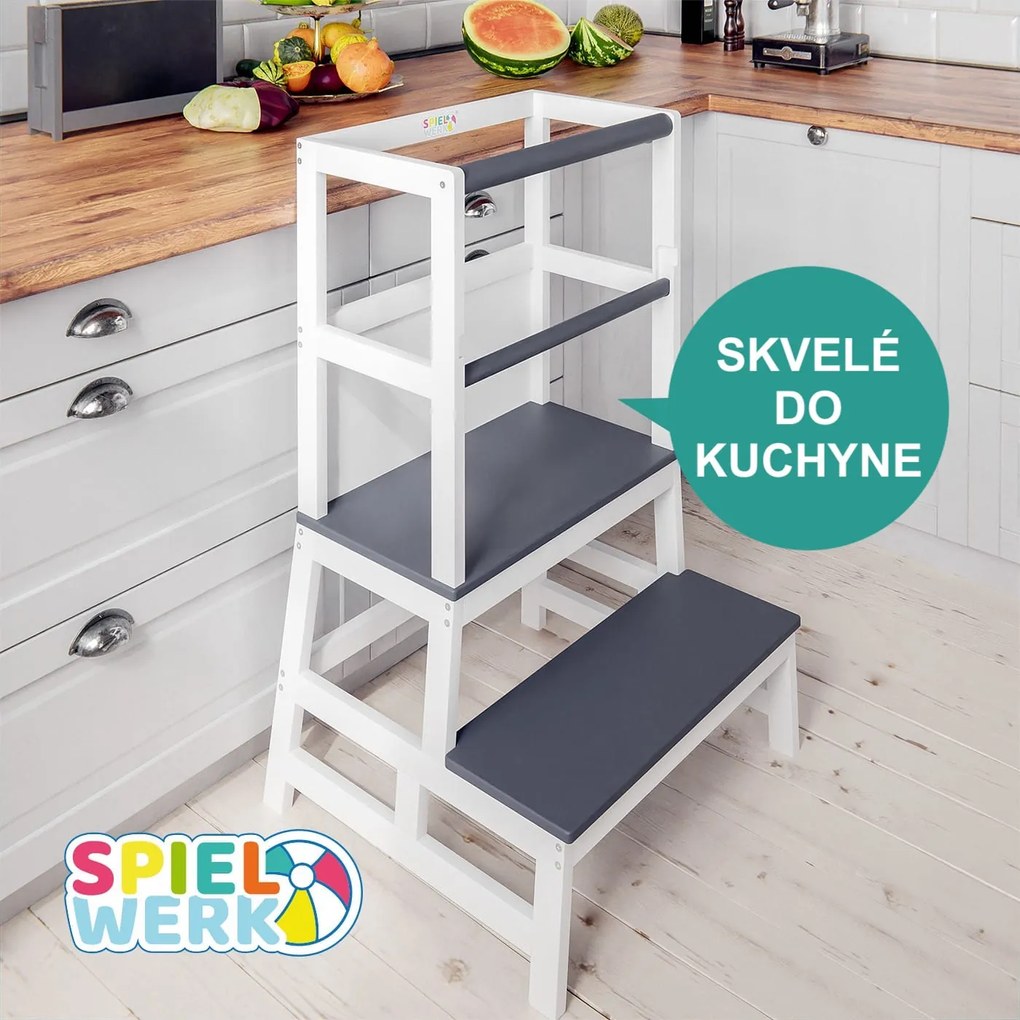 Spielwerk Wieża edukacyjna PLAY z drewna sosnowego, 93x56x49, biała/antracyt