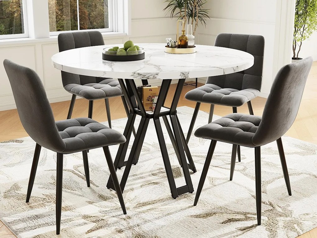 Okrągły stół z 4 krzesłami - Blat MDF, metalowa konstrukcja i aksamitne poduszki - Biały&Czarny