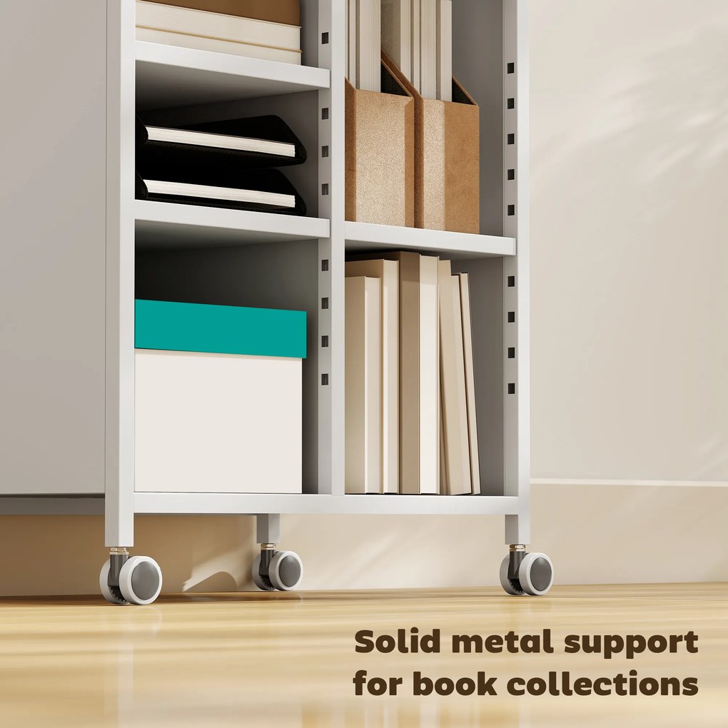 HOMCOM Regał na książki na kółkach, 4-poziomowy, regulowane półki i wiszące kosze do salonu i biura, biały | Aosom PL
