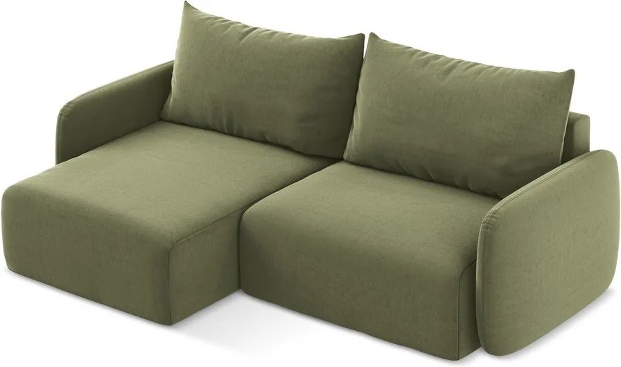 Zielony aksamitny rozkładany narożnik ze schowkiem (lewostronny/z szezlongiem) Kalena – Makamii