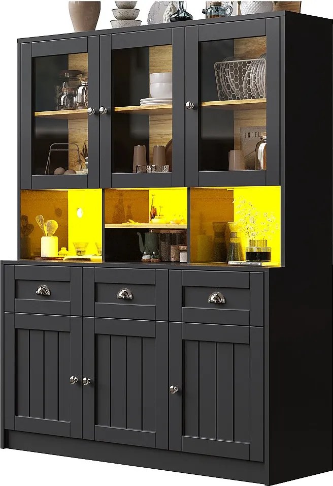 Wysoka komoda kuchenna - 140 x 40 x 175 cm - z drzwiami + diody LED + 3 szuflady - MDF - czarna