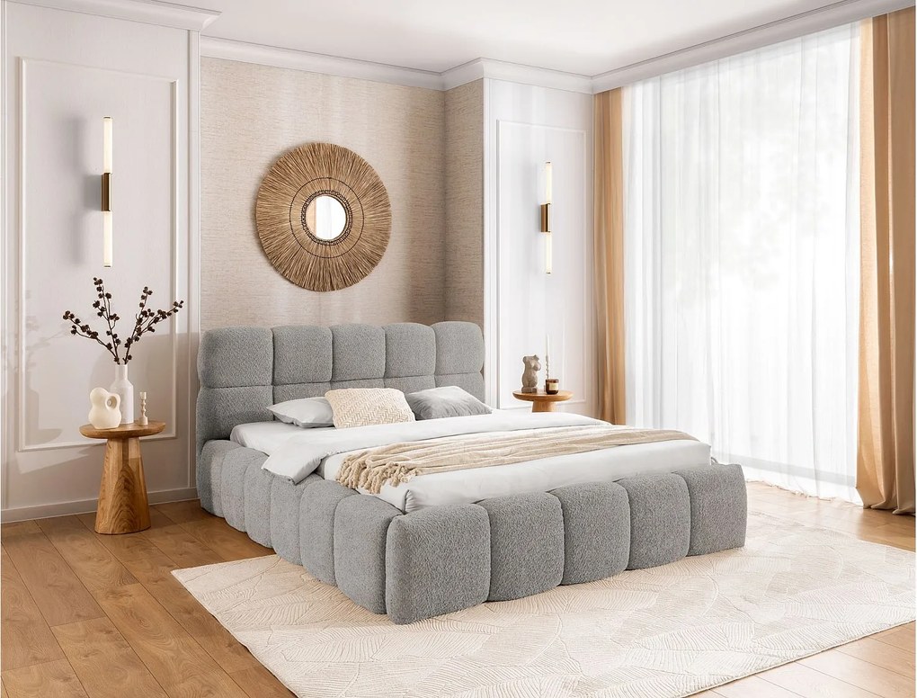 FURNISTAR Łóżko tapicerowane SOFIA 140x200 z pojemnikiem|Bubble|Łóżko dwuosobowe|Stelaż|Wygląd łóżka kontynentalnego|bez materaca-Szary