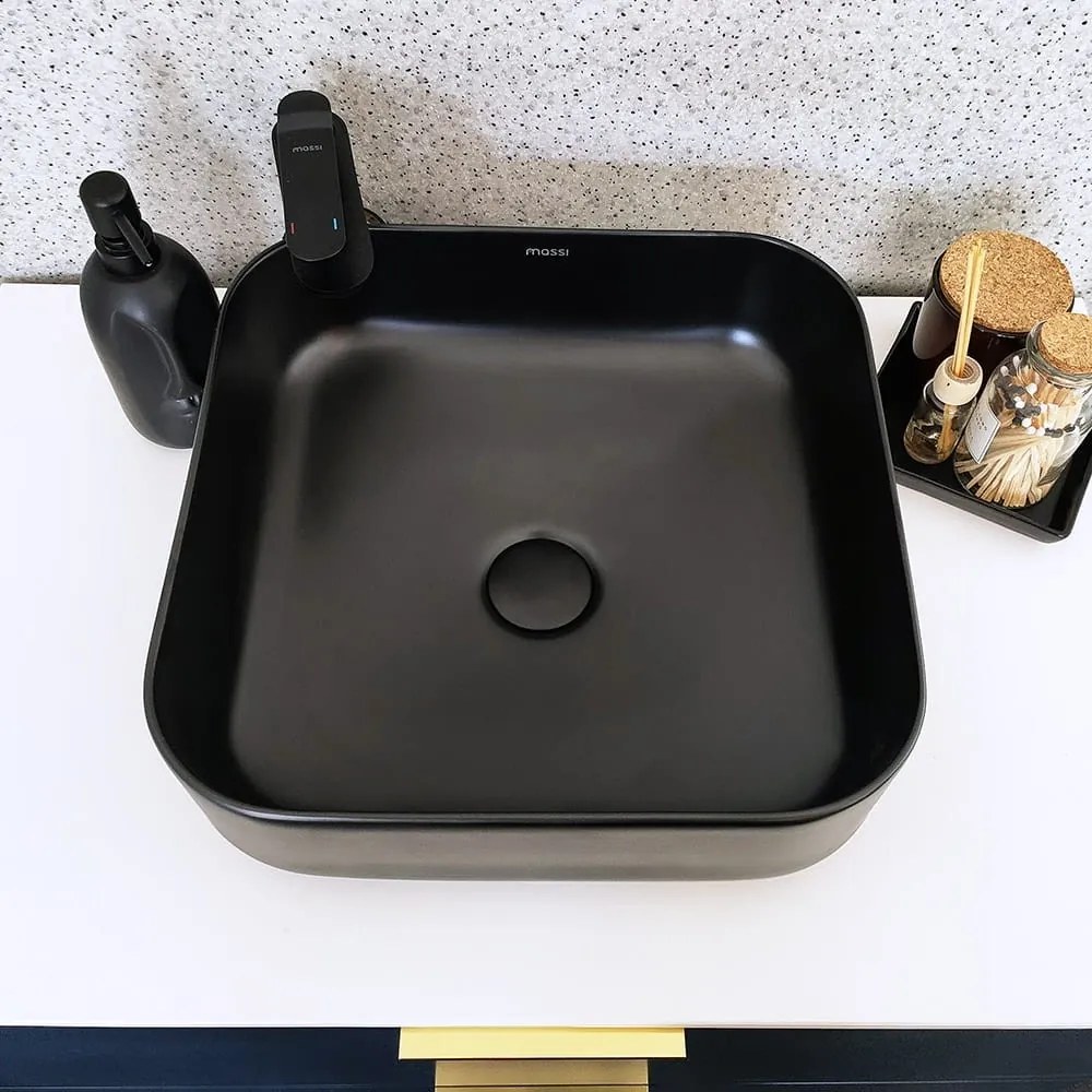 Umywalka ceramiczna nablatowa  kwadratowa czarna bez otworu na baterię 39 x 39 cm ALIZMA z rantem typu Slim