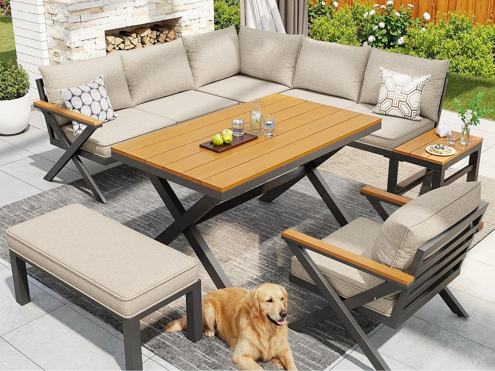 Salon ogrodowy, zestaw mebli na 6-7 osób - kanapa narożna - z żelaza ocynkowanego - stoły jadalniane z tworzywa drewnopodobnego - fotele - ławka, Beżowy