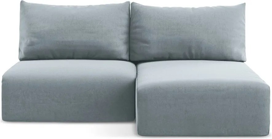 Niebieski aksamitny rozkładany narożnik ze schowkiem (prawostronny/z szezlongiem) Kalena – Makamii