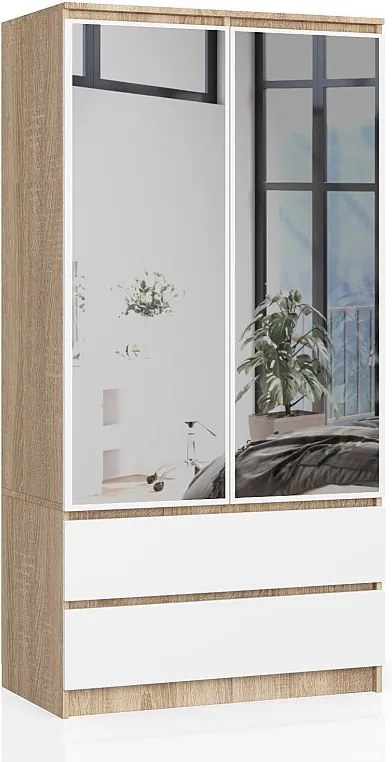 Szafa AKORD S90 Dąb Sonoma 90 cm z lustrem 2 drzwi 2 szuflady kolor Biały mat 4 półki 90x51x180 cm