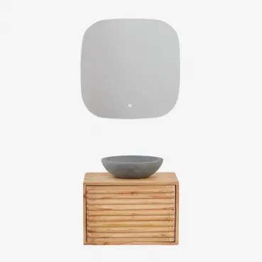 Zestaw Wiszących Mebli Łazienkowych Z Drewna Deleyna Naturalna & Okrągły Szary Cement Ø40 Cm Tarsis & Kwadratowa Lampa - Sklum