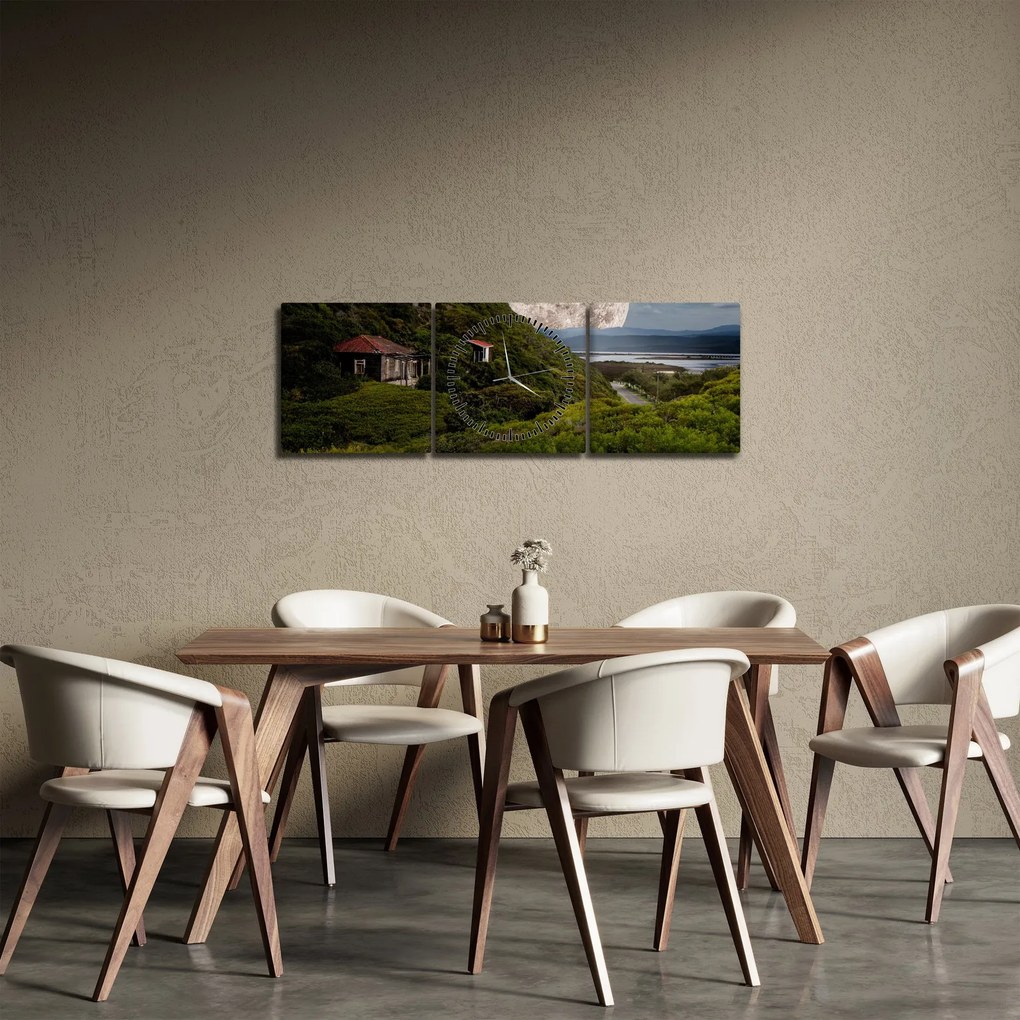 Obraz krajobrazu z księżycem (z zegarem) (90x30 cm)