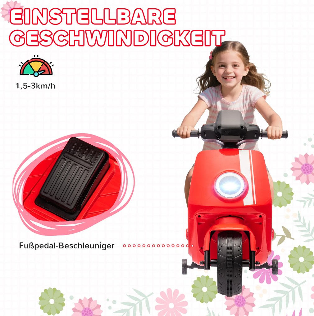 AIYAPLAY 6V Elektryczny Motocykl dla Dzieci, z Reflektorami i Muzyką, Jazda do Przodu i do Tyłu, Koła Treningowe, 18-36 Miesięcy, Czerwony