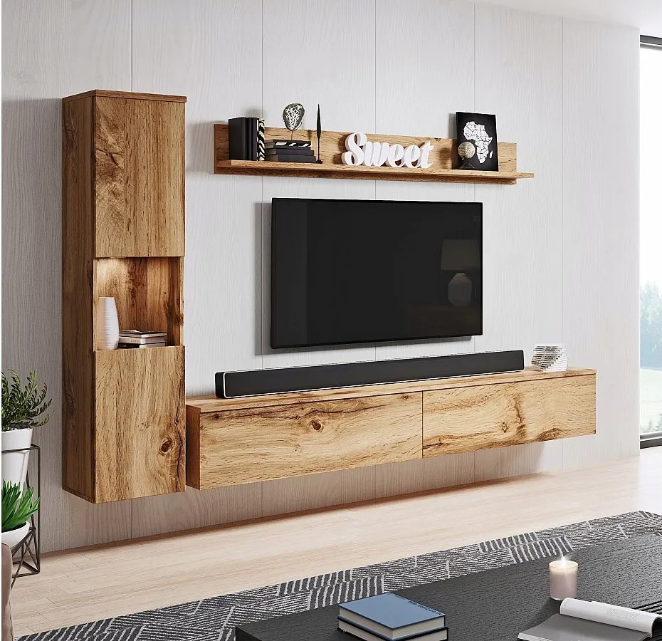 Nowoczesna meblościanka 3-elem. do salonu, dąb wotan mat, słupek i szafka RTV 180 cm