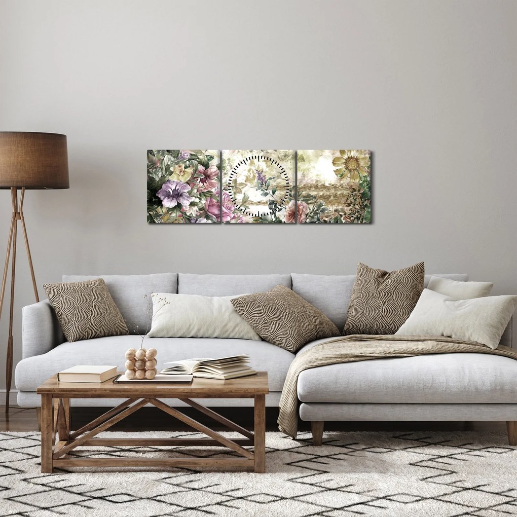 Obraz - Designerskie kwiaty (z zegarem) (90x30 cm)
