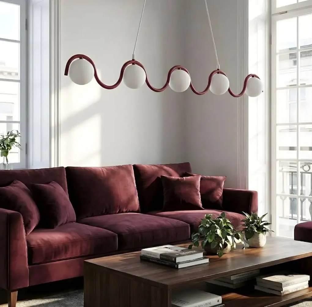 Długa lampa nad stół Sinus 5 Burgundy – 5 kloszy mlecznych, do jadalni, kuchni