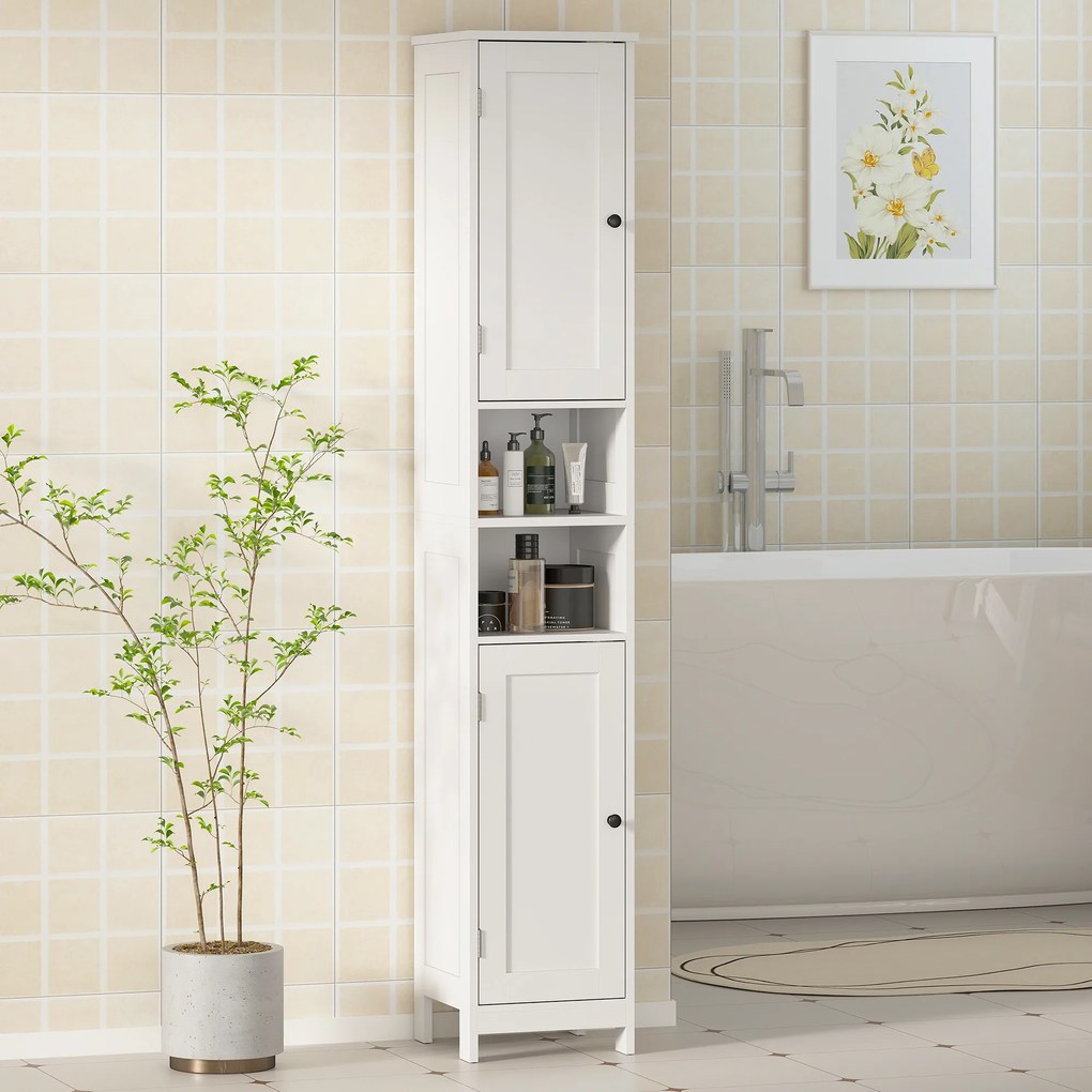 HOMCOM Wysoka smukła szafka łazienkowa z drzwiami, otwarte półki, 30 x 30 x 170 cm, Biały