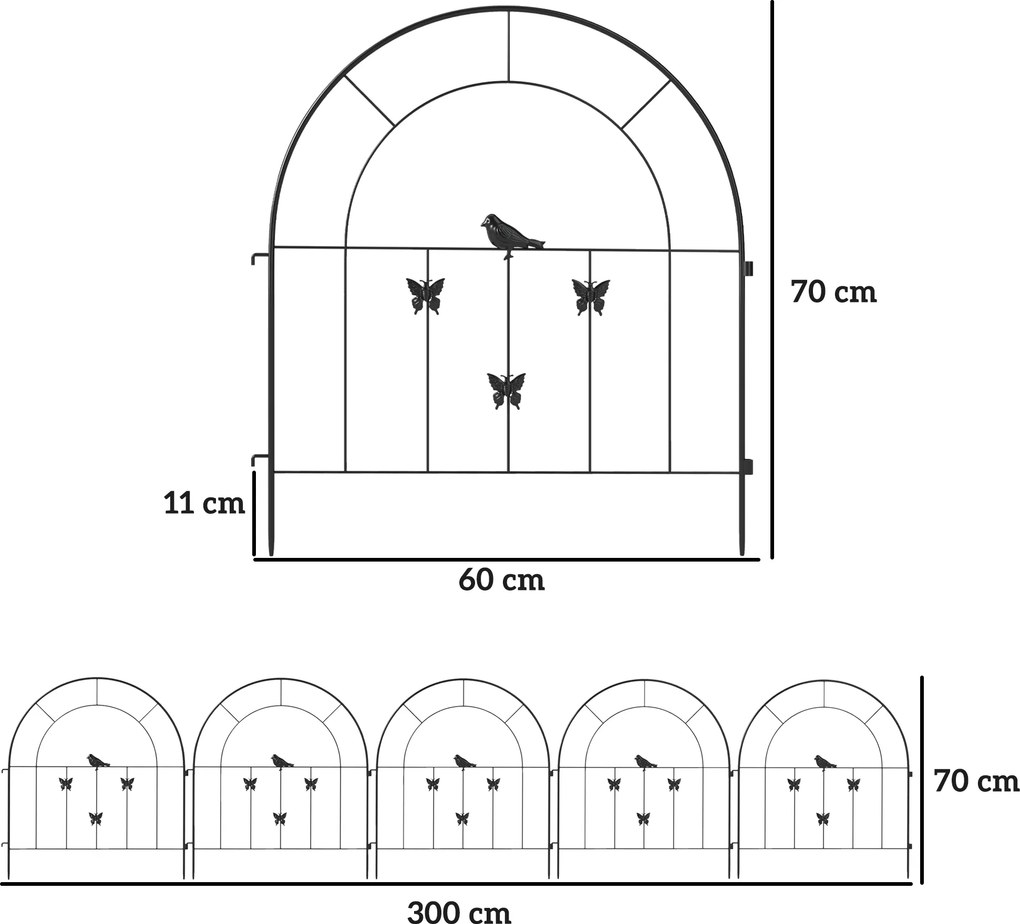 Outsunny Ogrodzenie Ogrodowe z Stali 300 cm x 70 cm, Dekoracyjny Zestaw Paneli Ogrodzeniowych Czarne