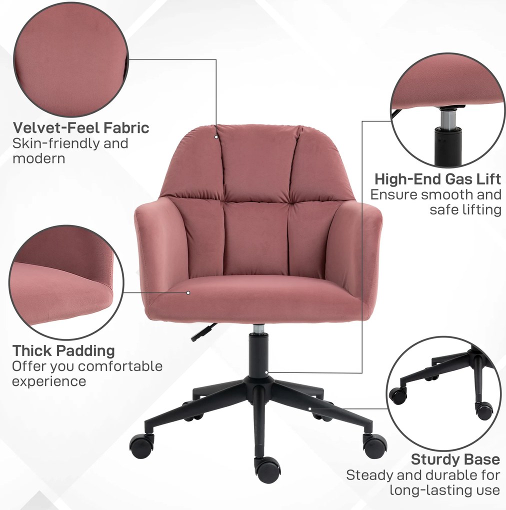 Vinsetto Fotel Biurowy Ergonomiczny Regulowany Obrotowy Welurowy do 120kg Różowy | Aosom PL