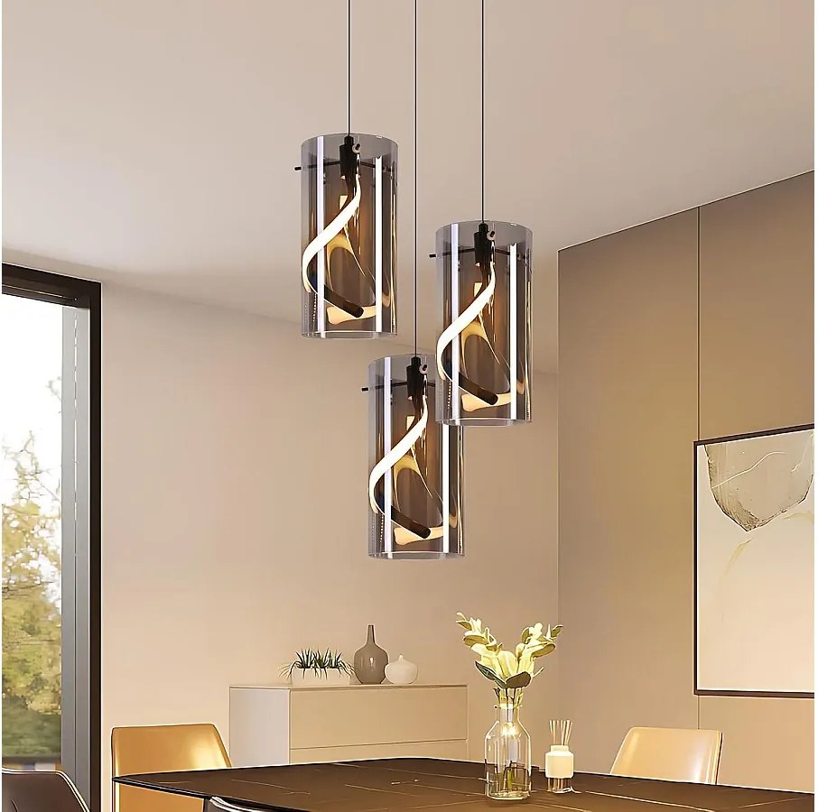 Lampa wisząca LED Nettlife Vintage z 3 źródłami światła – okrągła, przydymione szare szkło, 23 W, 3000 K, w stylu retro, regulowana, lampa stołowa do jadalni