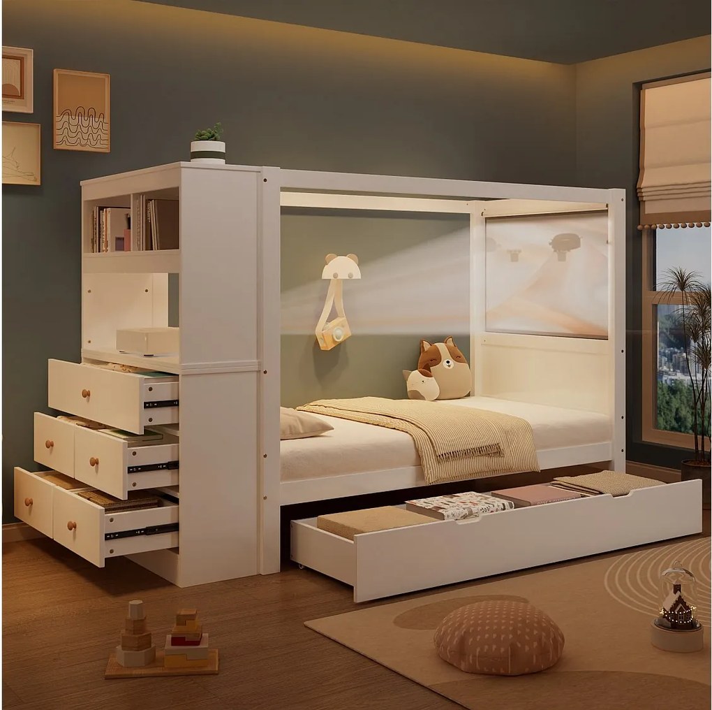 Łóżko dziecięce pojedyncze - 90 x 200 cm - z pojemnikiem na pościel + 5 szuflad - sosna + PB - białe + naturalne