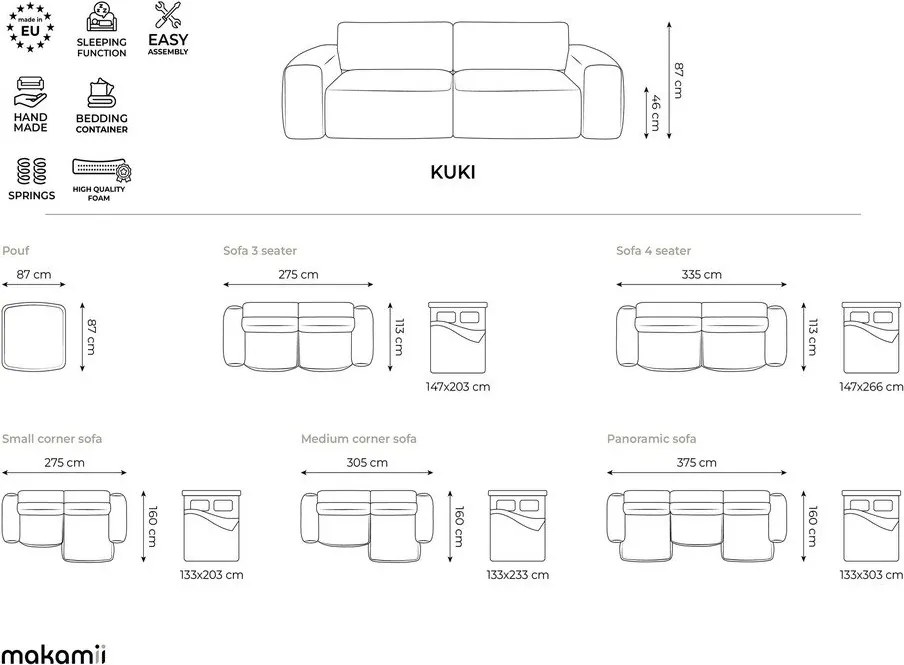 Musztardowa rozkładana sofa z tkaniny szenilowej 275 cm Kuki – Makamii