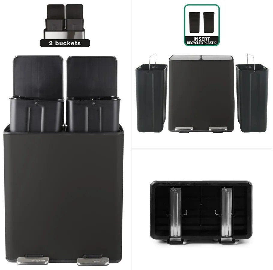 Stalowy kosz na śmieci 2x20 l do segregacji odpadów/z pedałem w kolorze matowej czerni Aliya – Spirella