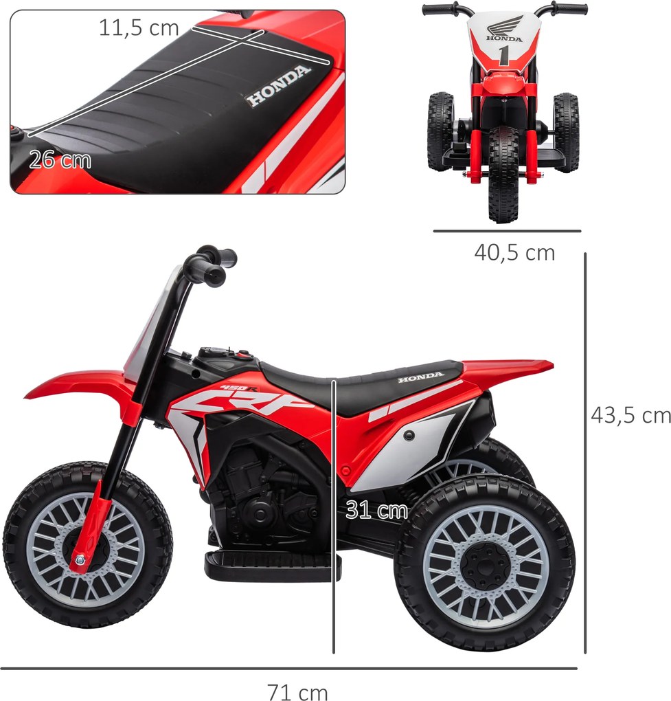 HOMCOM Elektryczny motocykl dla dzieci Honda, 3 km/h, efekty dźwiękowe, dla dzieci 18-36 miesięcy, Czerwony