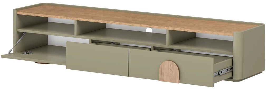 Szafka RTV Amilio 200 cm z szufladami - eukaliptus / dąb baltic dune / uchwyty dąb naturalny