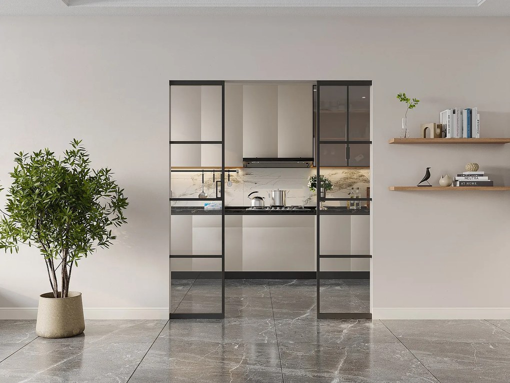 Drzwi przesuwne podwójne chowane w ścianie - aluminium i przezroczyste szkło hartowane - 2 x wys. 205 x szer. 73 cm - SINCA II