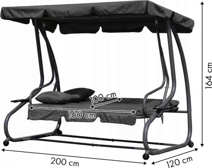 Huśtawka ogrodowa 3-osobowa z funkcją spania i daszkiem Valencia, szary