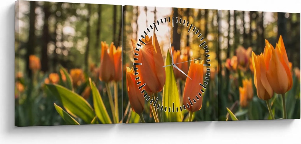 Obraz - pomarańczowe tulipany (z zegarem) (90x30 cm)