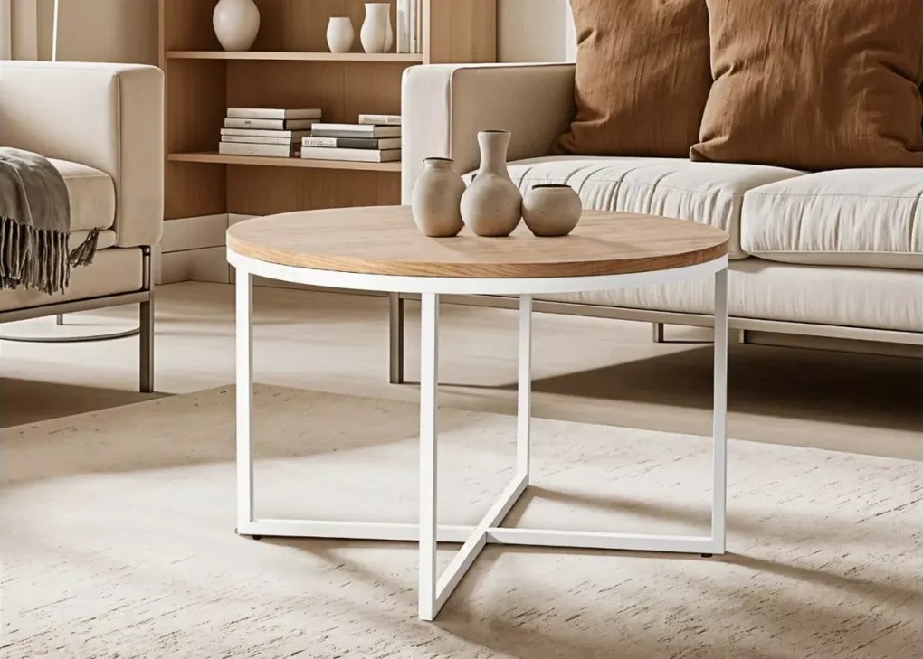 Okrągły stolik kawowy Saneri 70 cm – nowoczesny design, dąb złoty