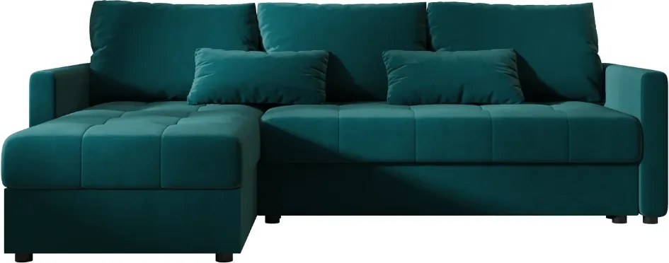 Rozkładana narożna sofa VENORIA 220x143 cm, petrolowa, uniwersalna + 2 poduszki GRATIS