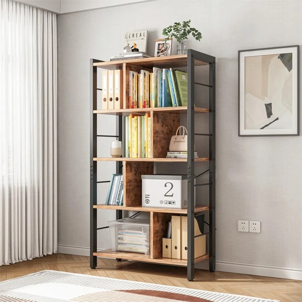 Biblioteka przemysłowa z drabinką – 154,5 cm, brązowa rustykalna z czarną metalową ramą, styl loftowy