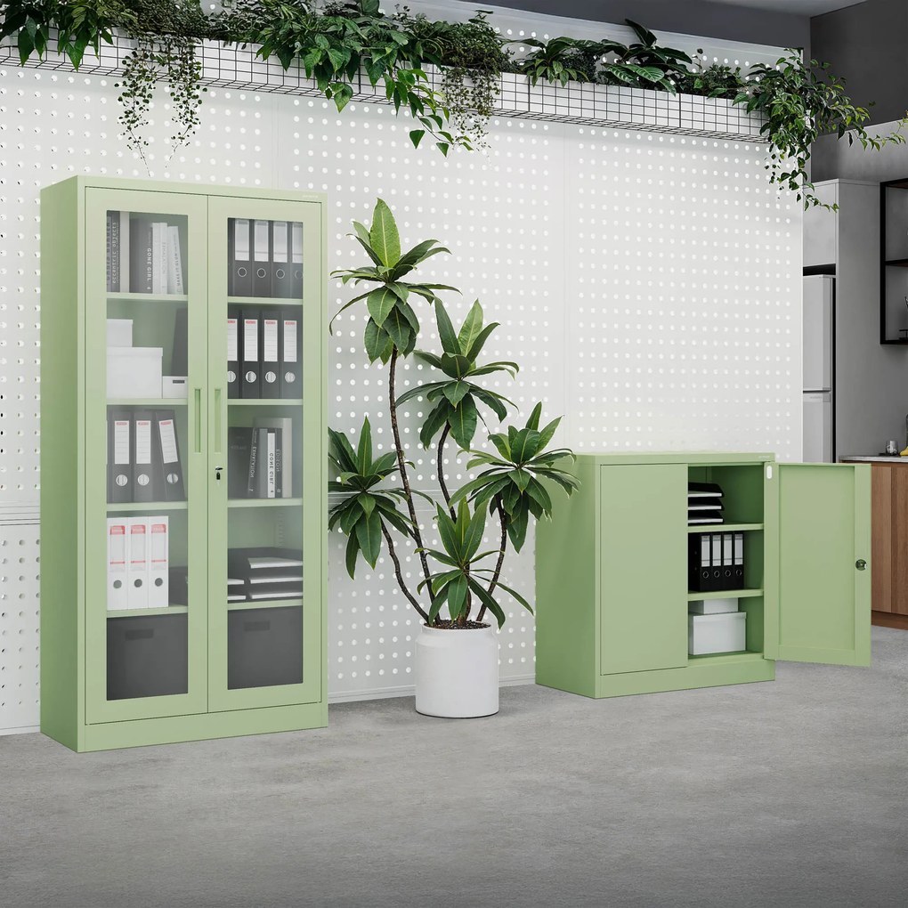 Witryna przeszklona metalowa wysoka z zamkiem pastelowy zielony, 900x1850x400 mm: AMELIA Fresh Style