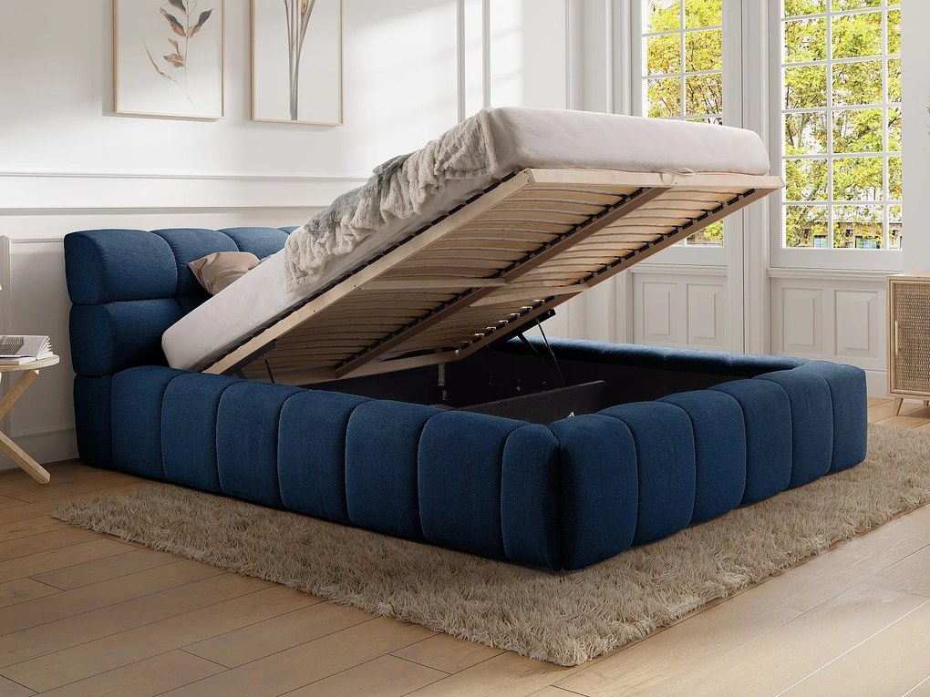 Łóżko ze skrzynią 160 x 200 cm - Tkanina - Ciemnoniebieski - FORVIK II marki Pascal Morabito