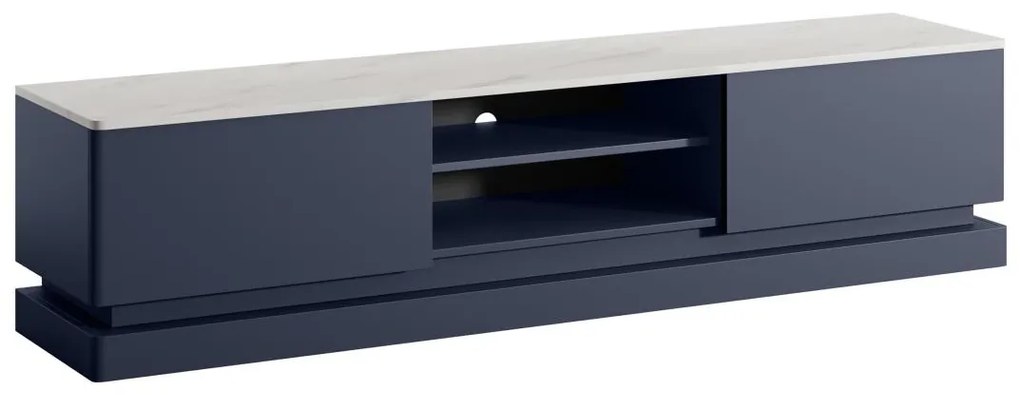 Szafka RTV z 2 szufladami i 2 półkami z diodami LED - MDF - Niebieska i imitacja białego marmuru - DEVIKA marki Pascal Morabito