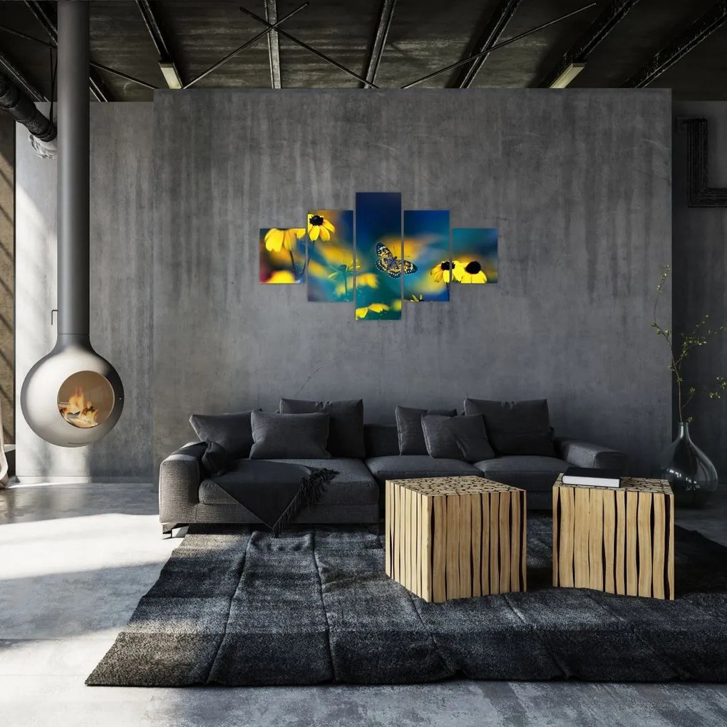 Obraz - Żółty motyl z kwiatami (125x70 cm)