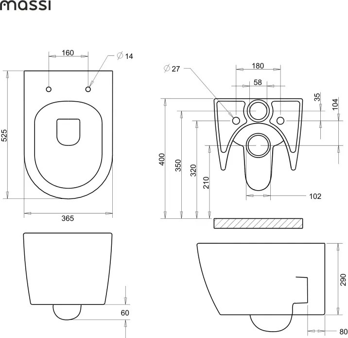Massi Zestaw umywalka wolnostojąca RONA z korkiem, miska WC FLOW Bordo, stelaż i czarny przycisk