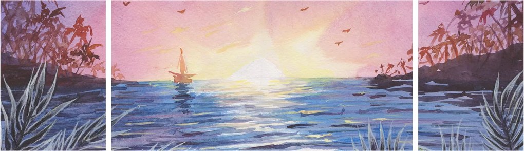 Obraz - Zachód słońca nad wodą, akwarela (170x50 cm)