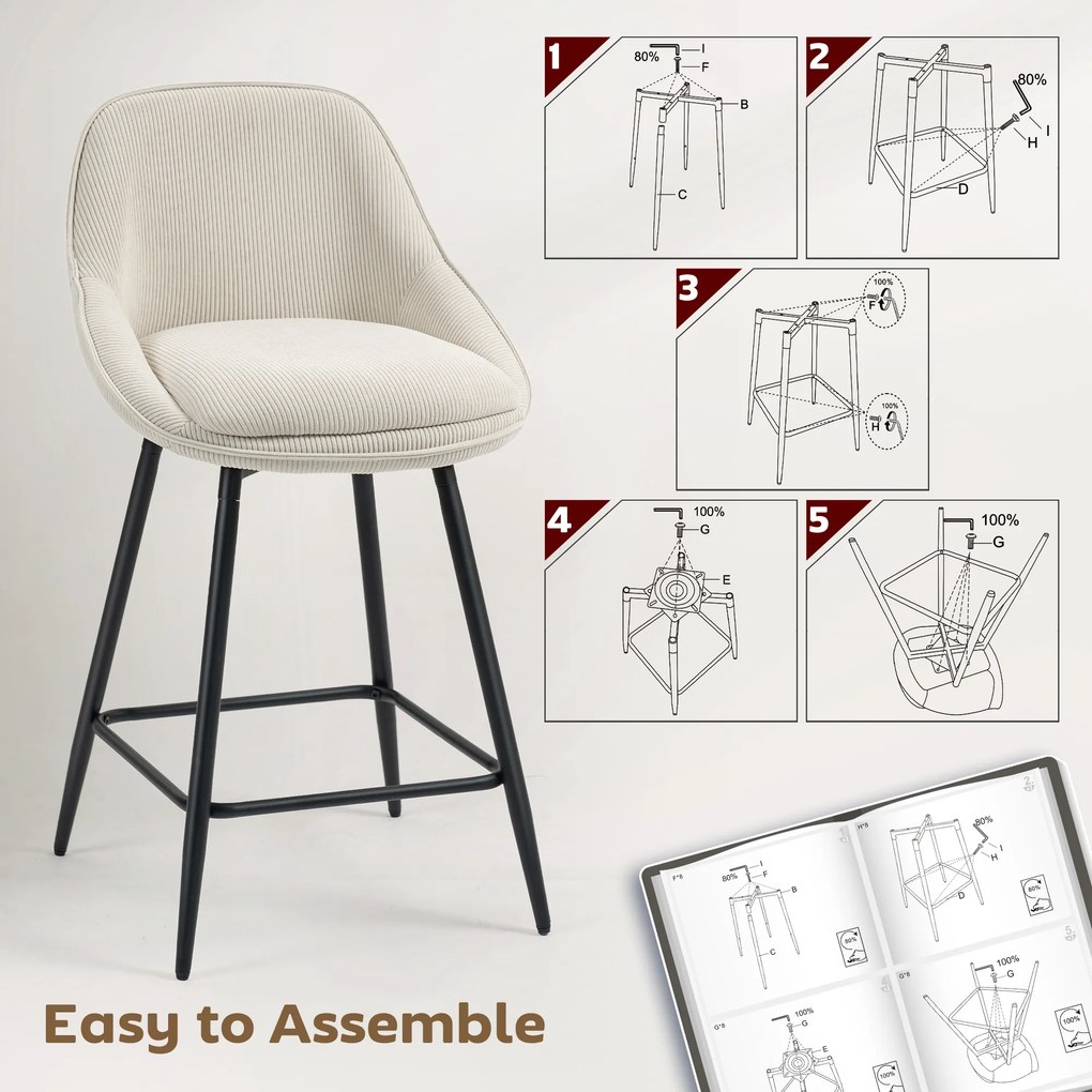 HOMCOM Zestaw 2 Hokerów ze Sztruksowym Wykończeniem i Stalowymi Nóżkami, Krzesła Tapicerowane do Kuchennej Wyspy, Jadalni, Kremowe | Aosom PL