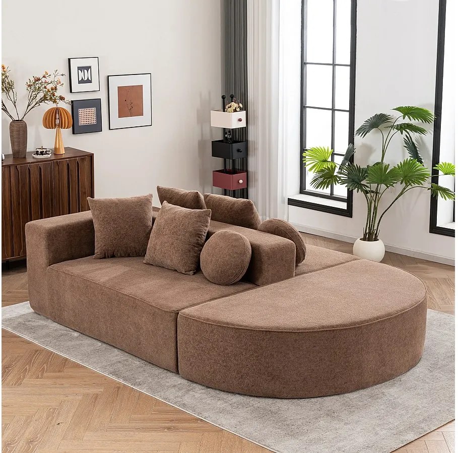 Sofa 5-osobowa – sofa segmentowa z 6 poduszkami i podłokietnikami – brązowa tkanina szenilowa