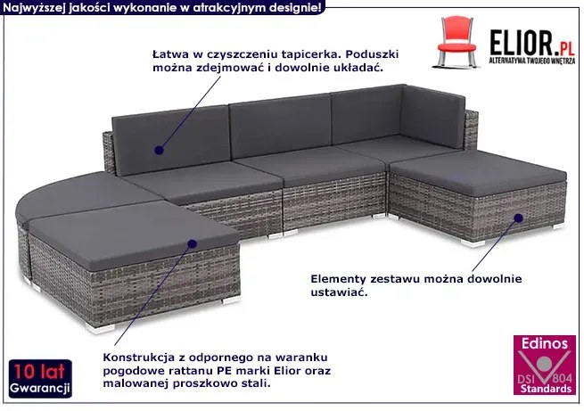 6-częściowy zestaw ogrodowy z zaokrąglonym stołkiem szary - Bero 6D