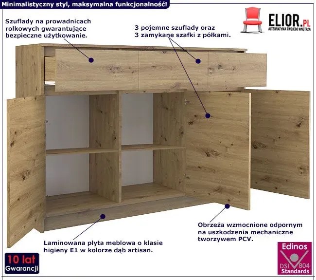 Komoda z szufladą i 3 szafkami Valia - dąb artisan