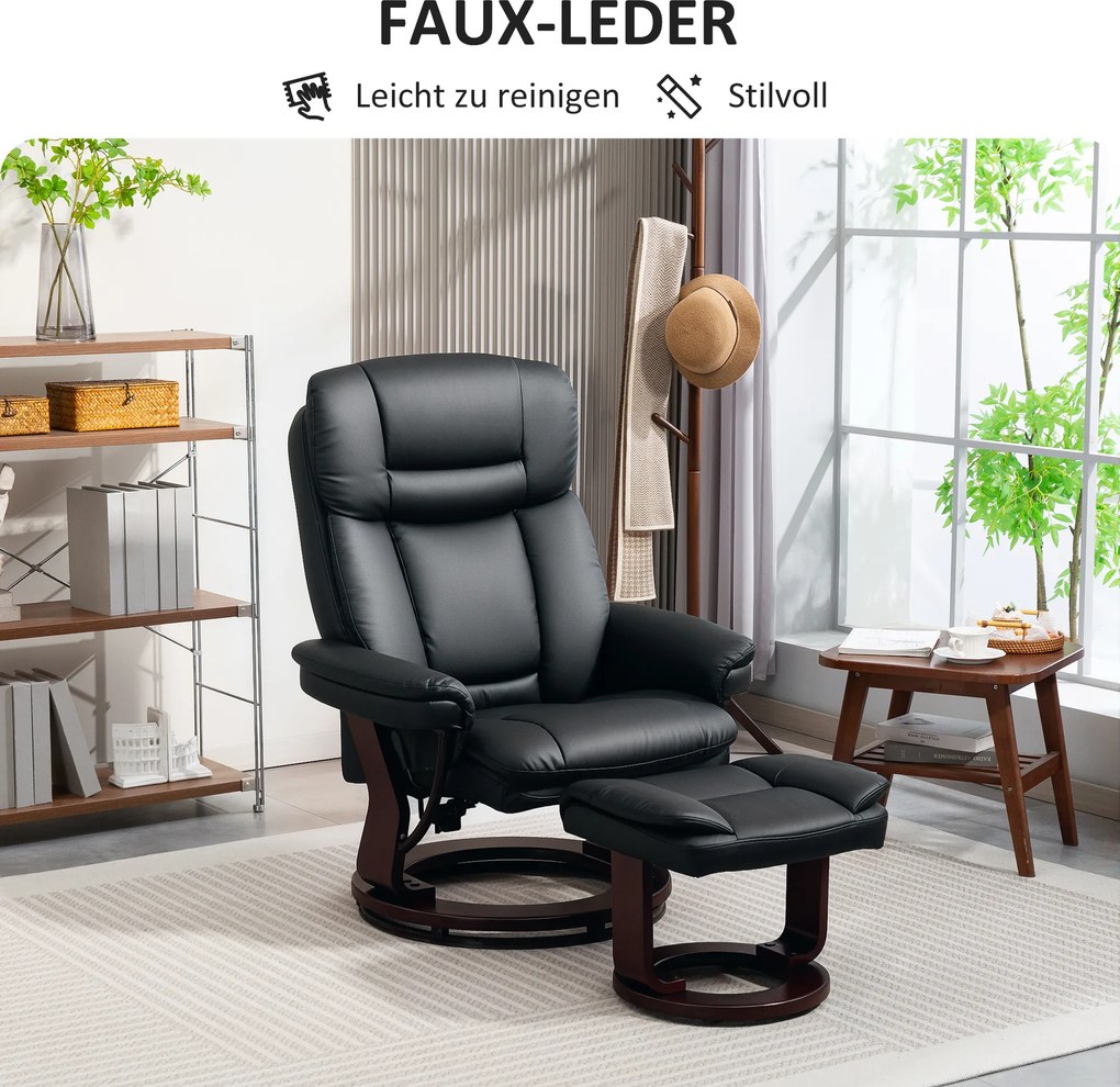 HOMCOM Fotel Relaksacyjny z Podnóżkiem, Regulowany Fotel, Obicie z Skóry Ekologicznej, Fotel z Odchylanym Oparciem, Czarny