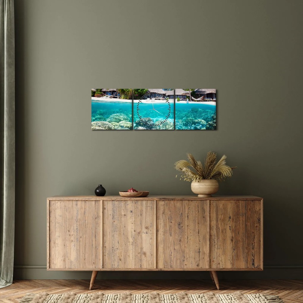 Obraz plaży na tropikalnej wyspie (z zegarem) (90x30 cm)