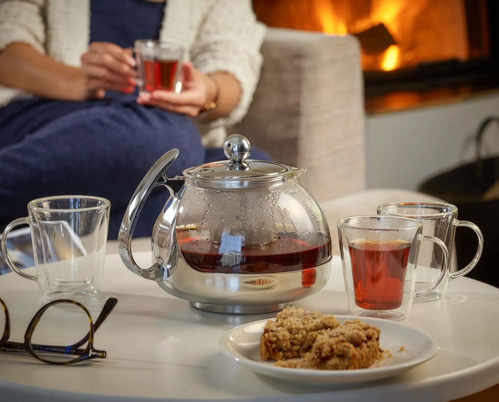 Monzana Zestaw do herbaty z sitkiem TEA 1,2L + 4 filiżanki, przezroczysty, srebrny