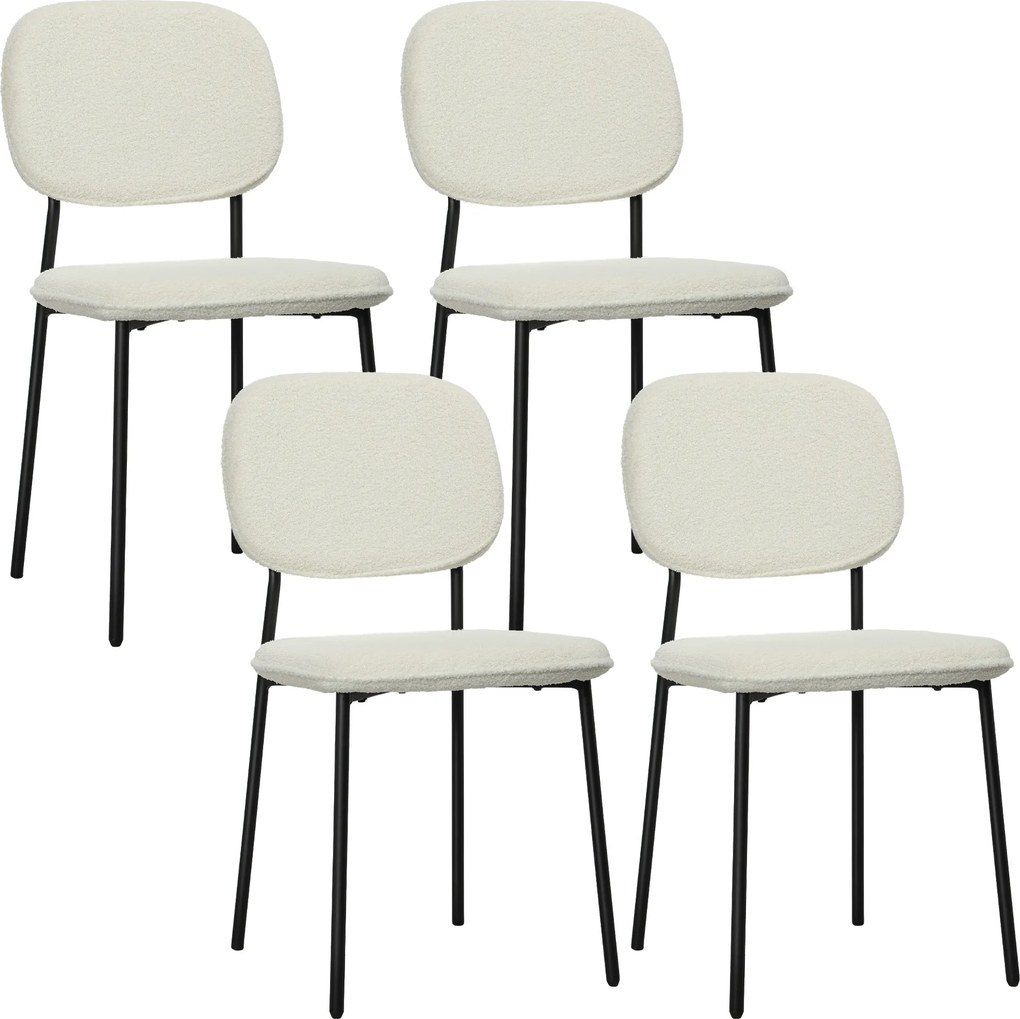 HOMCOM Zestaw 4 Krzeseł do Jadalni, Miękka Tapicerka, Stalowe Nogi, Design Bezramienny, Biały
