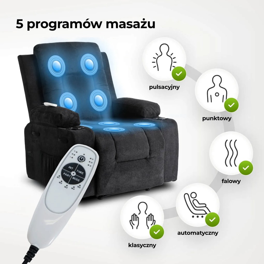 Fotel Masujący BOX 2 Rozkładany z Podnóżkiem Czarny Nowoczesny