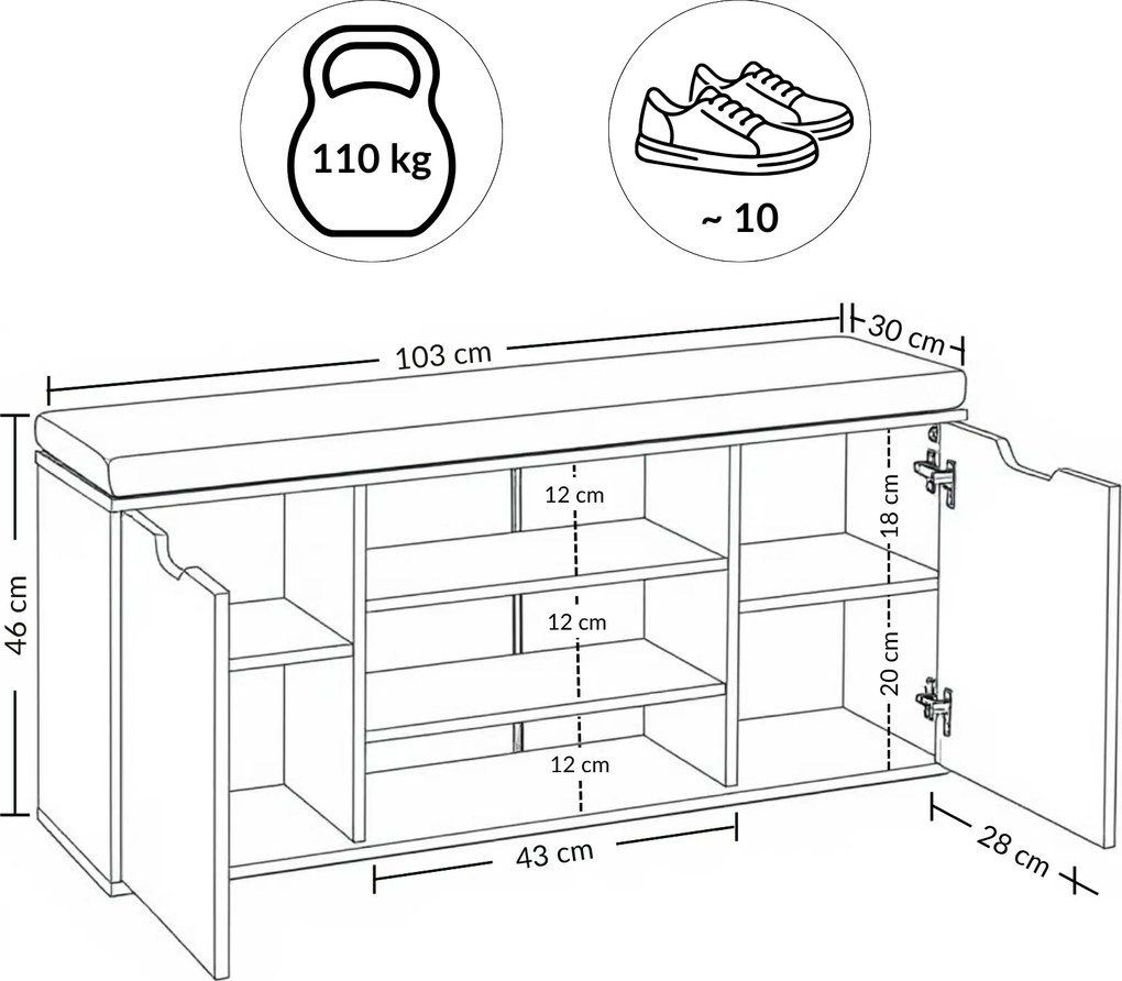 Szafka na buty z siedziskiem PORTA, 103 x 30 x 46 cm